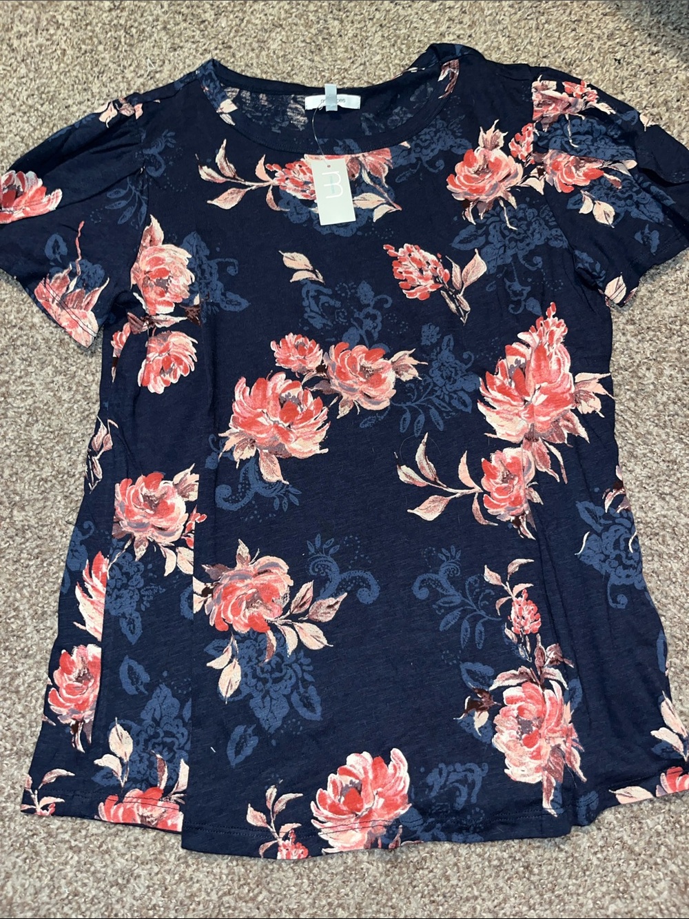 Maurices Navy Floral Short Sleeve Tee with Pink Blooms